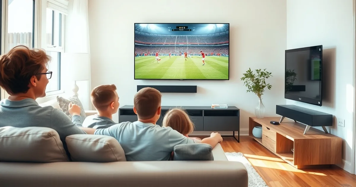 Familie schaut bei Tageslicht im hellen Wohnzimmer ein Fußballspiel auf einem großen 4K-Fernseher