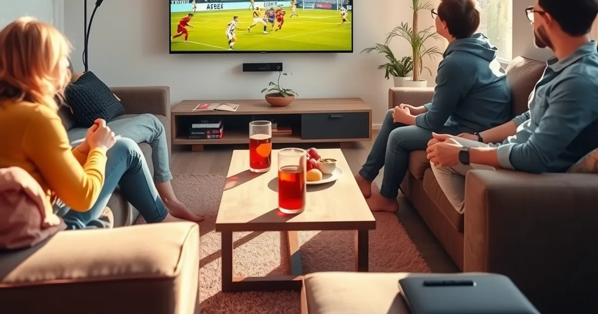 Freunde schauen bei Tageslicht gemeinsam ein Bundesliga-Spiel auf einem großen Smart-TV im Wohnzimmer