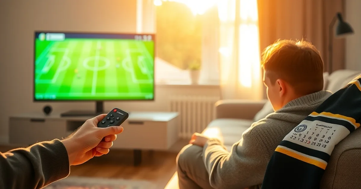 Person bereitet abends im gemütlichen Wohnzimmer den Streaming-Fernseher für den Bundesliga-Saisonstart vor