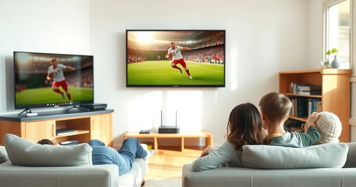 Familie schaut entspannt ein Fußballspiel auf einem großen Fernseher in einem hellen, sonnigen Wohnzimmer