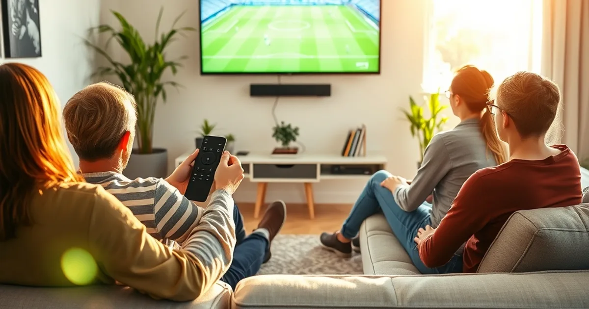 Freunde sitzen im hellen Wohnzimmer auf dem Sofa und schauen gemeinsam ein Bundesliga-Spiel auf dem Smart TV