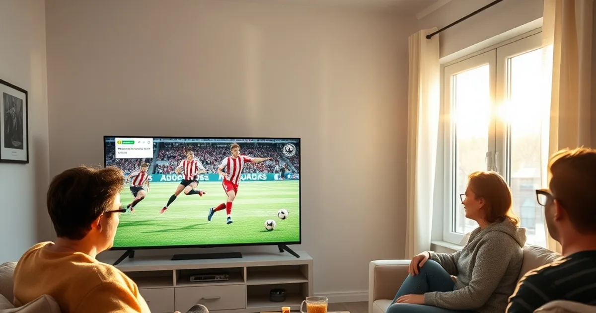 Freunde sitzen im hellen Wohnzimmer bei Tageslicht zusammen und schauen ein Bundesliga-Spiel auf einem großen Fernseher