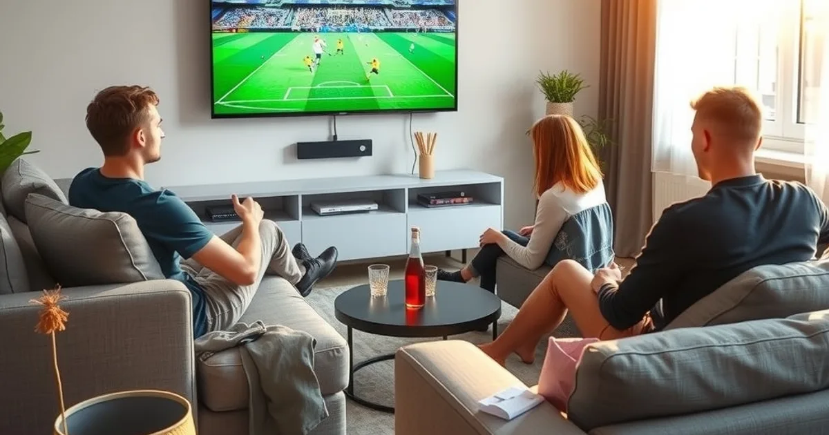 Freunde sitzen abends in einem hellen Wohnzimmer auf dem Sofa und schauen gemeinsam ein Champions-League-Spiel auf einem großen Fernseher.