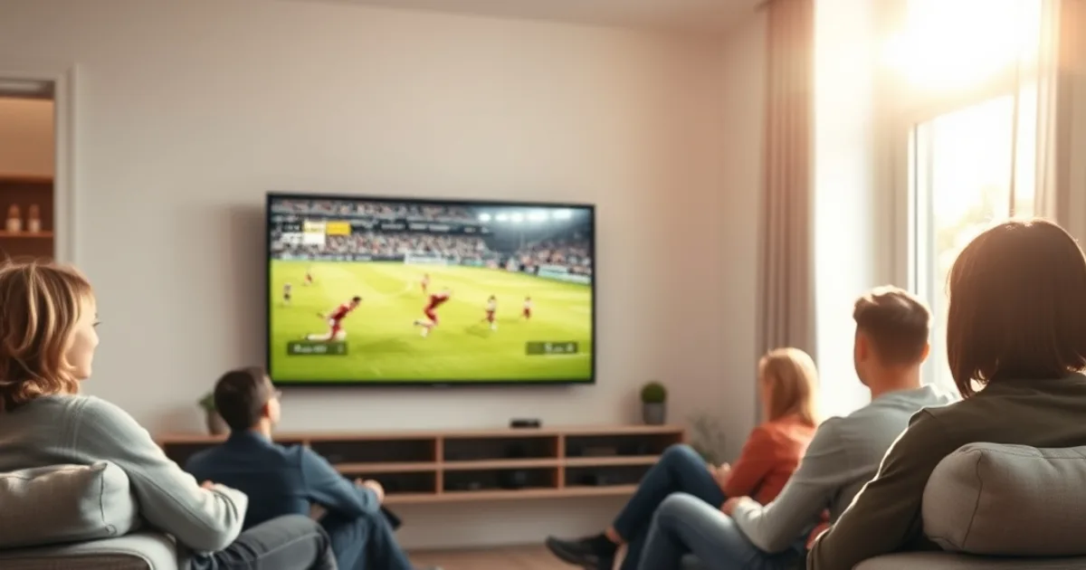 Freunde schauen gemeinsam ein Fußballspiel auf einem großen Fernseher in einem hellen Wohnzimmer am Abend