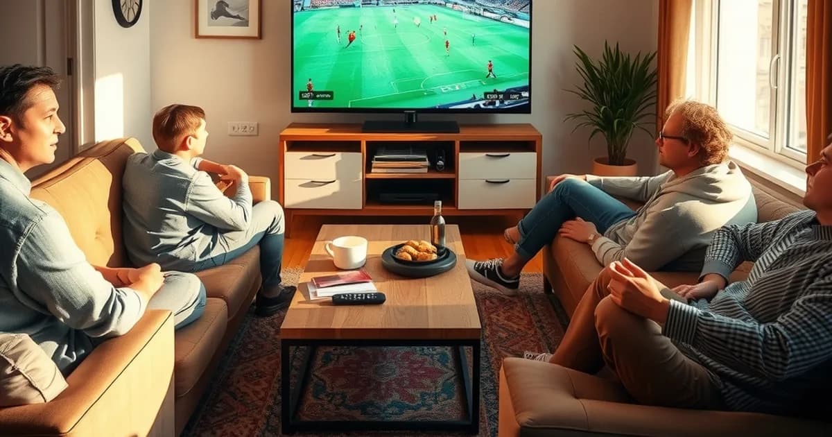 Freunde schauen gemeinsam bei natürlichem Tageslicht ein Fußballspiel auf einem großen Fernseher im Wohnzimmer