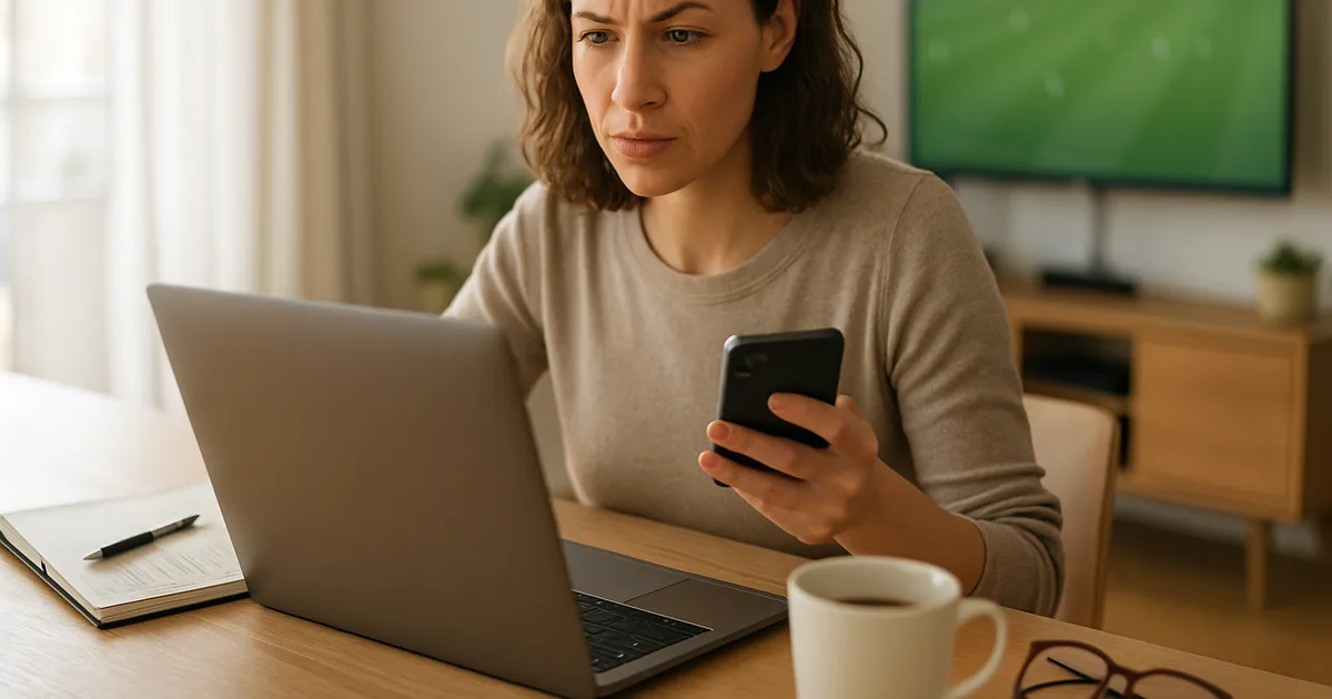 Frau am sonnendurchfluteten Esstisch prüft konzentriert am Laptop ein IPTV-Angebot, daneben ein Notizbuch mit handschriftlicher Checkliste, im unscharfen Hintergrund ein laufender Fernseher mit Fußballspiel.