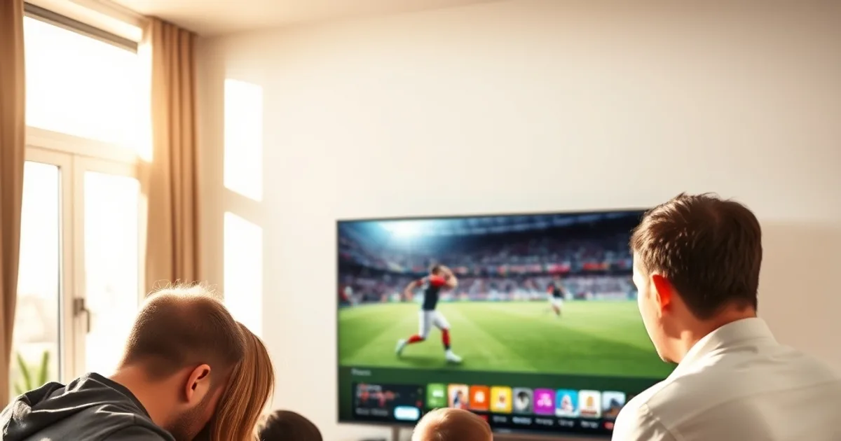 Familie vergleicht im hellen Wohnzimmer bei Tageslicht eine Checkliste auf einem Tablet, im Hintergrund läuft ein Fußballspiel auf dem Fernseher