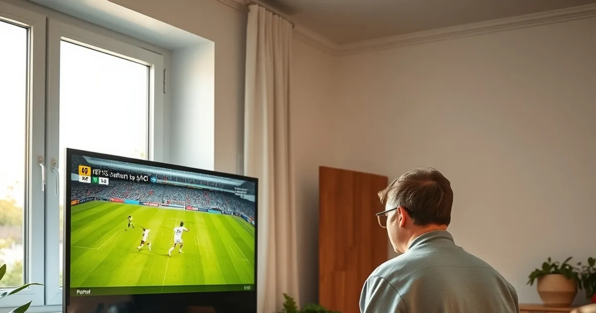 Eine Person verbindet zu Hause im hellen Wohnzimmer ein LAN-Kabel zwischen Router und Streaming-Box vor einem Fernseher mit pausiertem Fußballspiel
