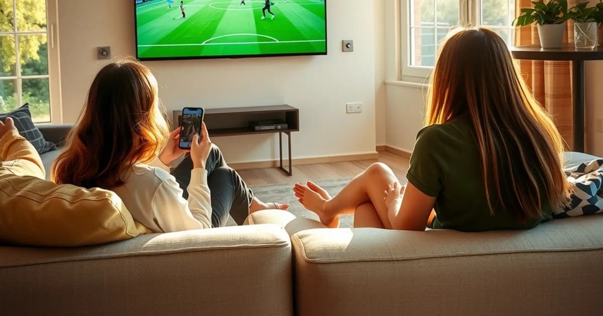 Freunde sitzen an einem sonnigen Samstagnachmittag im hellen Wohnzimmer zusammen und schauen ein Bundesliga-Spiel auf dem Fernseher, während eine Person nebenbei auf dem Smartphone einen zweiten Spielstand prüft