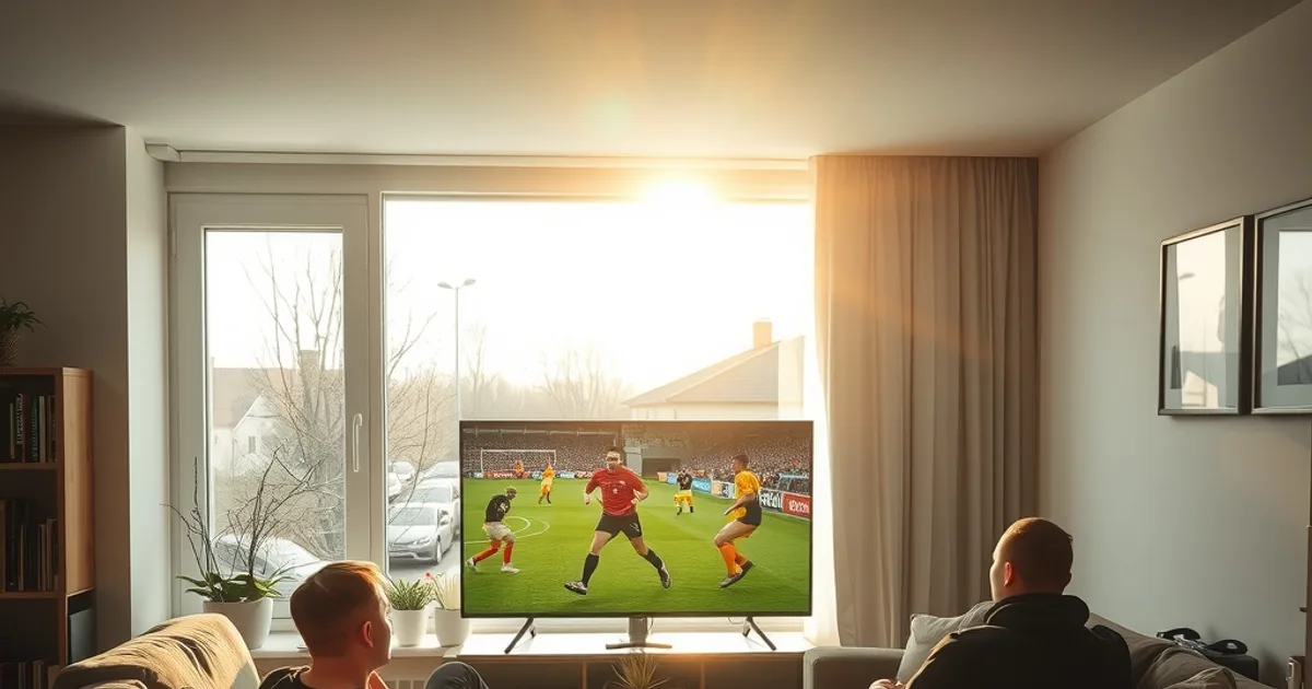 Freunde schauen bei Tageslicht im Wohnzimmer ein Fußballspiel der Rückrunde im Fernsehen