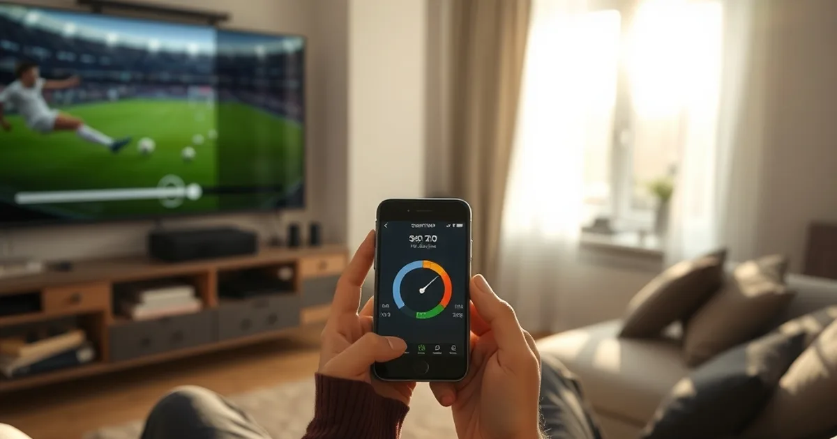 Person prüft mit dem Smartphone die Internetgeschwindigkeit im Wohnzimmer, während im Hintergrund ein Fußballspiel auf dem Fernseher lädt und ein WLAN-Router auf dem Regal steht.