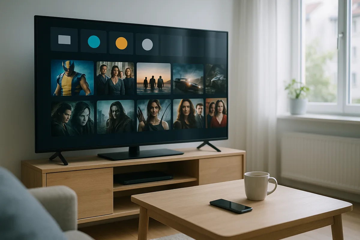 Großer Fernseher zeigt eine aufgeräumte Auswahl aus Sendern, Filmen und Serien in einem hellen Raum