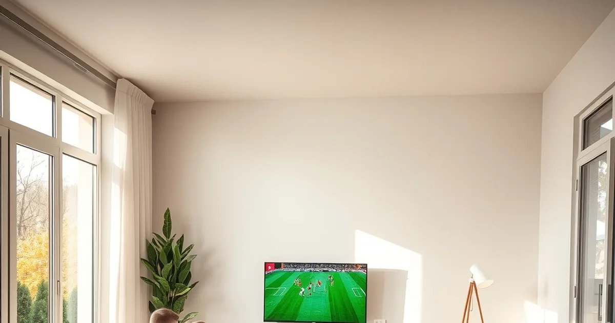 Eine vierköpfige Familie sitzt entspannt im hellen Wohnzimmer vor dem Fernseher, während die Tochter nebenbei ein Tablet nutzt.