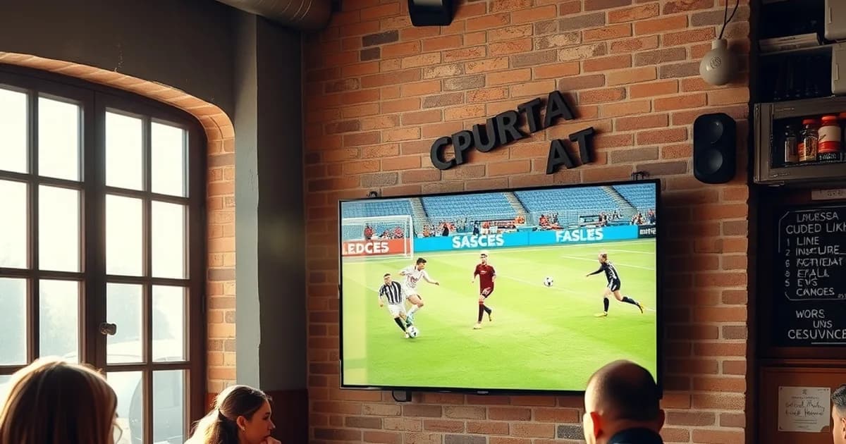 Gäste schauen bei Tageslicht in einer gemütlichen Sportsbar ein Fußballspiel auf einem großen Bildschirm