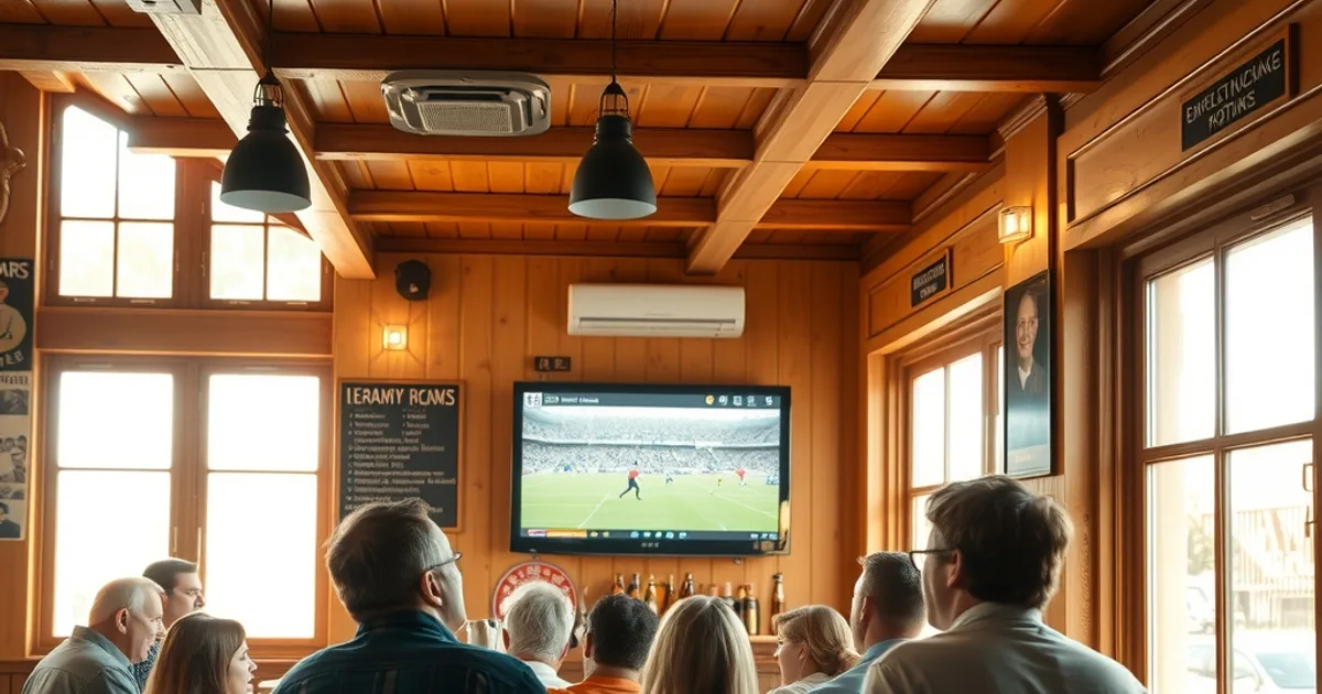 Gäste sitzen bei hellem Tageslicht an der Theke einer Gaststätte und schauen gemeinsam ein Fußballspiel auf einem Wandbildschirm.