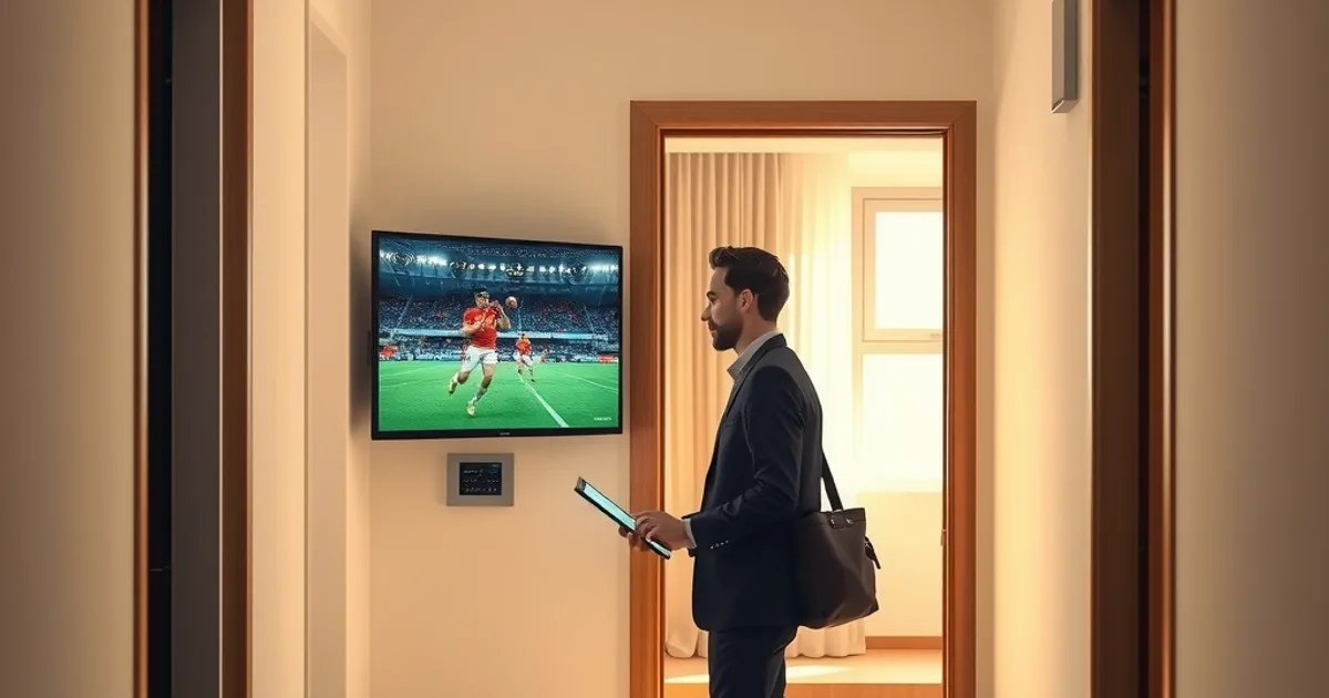 Ein Facility Manager prüft mit einem Tablet die IPTV-Installation in einem sonnendurchfluteten Hotelflur, im Hintergrund ein Zimmer mit Fernseher, der ein Fußballspiel zeigt