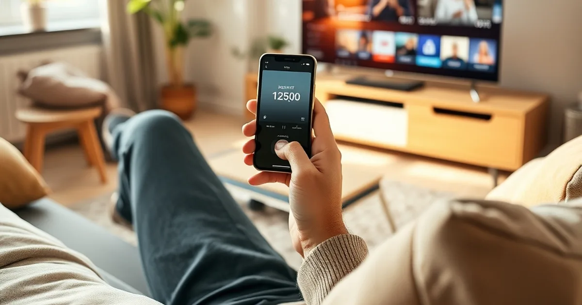 Eine Person testet bei Tageslicht im Wohnzimmer die Internetgeschwindigkeit auf dem Smartphone, im Hintergrund ein Fernseher mit Streaming-Oberfläche.