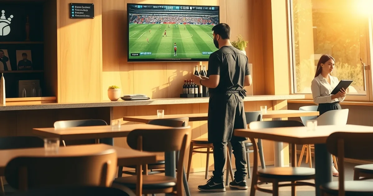 Heller Gastraum einer Sportsbar mit mehreren Bildschirmen an der Wand, ein Gastronom prüft am Tresen ein Tablet, Tageslicht durch große Fenster