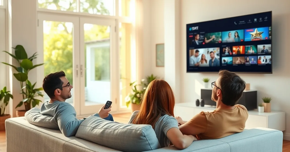 Ein Paar sitzt entspannt in einem hellen, sonnendurchfluteten Wohnzimmer und stöbert am Fernseher durch eine Übersicht mit Serien-Vorschaubildern.