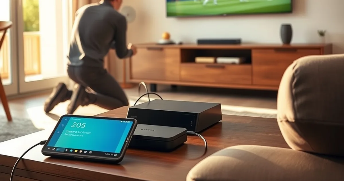Person verbindet im hellen Wohnzimmer einen Streaming-Stick per Kabel mit dem Router, während im Hintergrund ein Fernseher mit einer Fußballszene zu sehen ist.