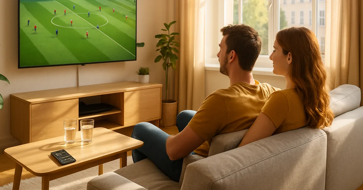 Ein Mann und eine Frau schauen in einem hellen, sonnendurchfluteten Wohnzimmer auf dem großen Fernseher ein Live-Fußballspiel der WM, ein Streaming-Stick steckt seitlich im TV.