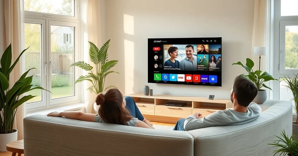 Ein Paar entspannt bei Tageslicht im hellen Wohnzimmer vor dem Smart-TV mit Streaming-App