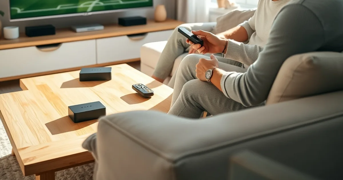 Ein Paar vergleicht im hellen Wohnzimmer zwei Streaming-Boxen vor dem Fernseher mit Fußballbild.