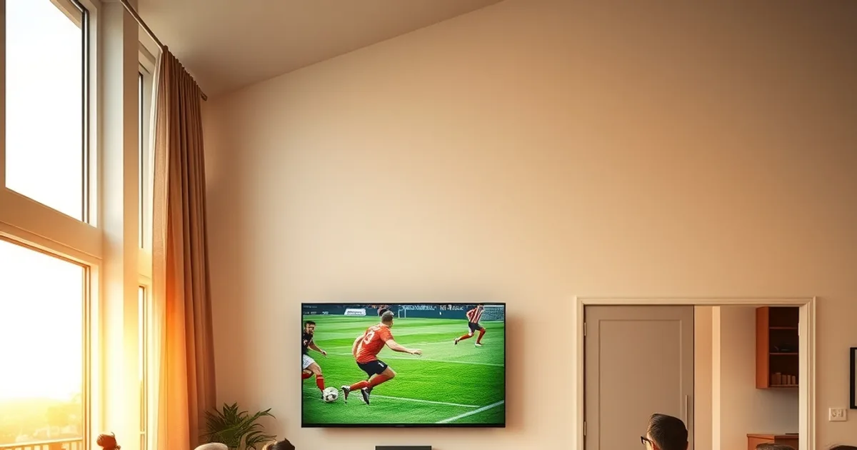 Eine Familie sitzt abends entspannt im hellen Wohnzimmer zusammen und verfolgt ein Fußball-Länderspiel auf einem großen Fernseher, im Hintergrund ist ein zweiter Fernseher in der Küche zu sehen.