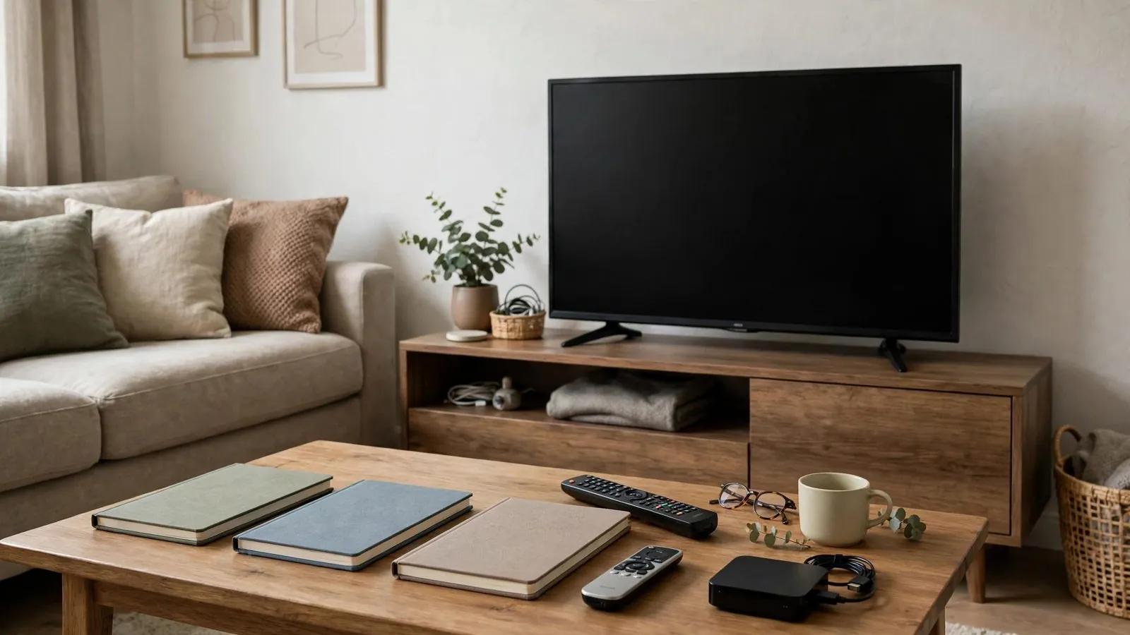 Wohnzimmer mit Sofa, ausgeschaltetem TV und Holztisch mit Notizbüchern, Fernbedienungen und Streaming-Box.